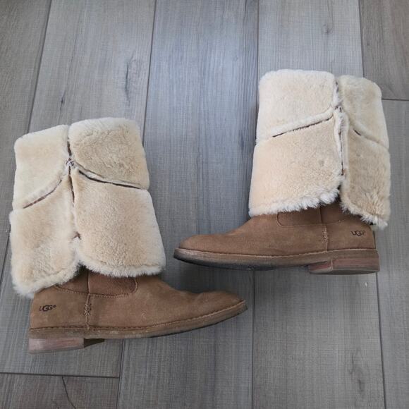 UGG Sibley Knee Tall Sheepskin Lined Suede Camel Brown Boots Women Sz 8.5 - Picture 5 of 14